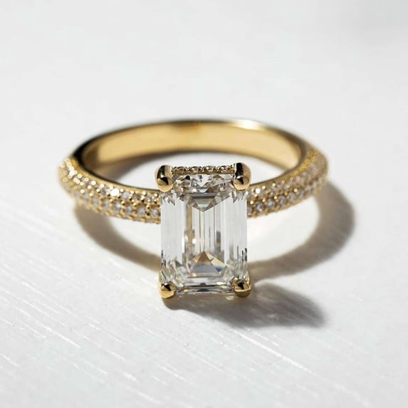 vylahjewellery 10K Vermeil Yellow Gold Emerald Cut Diamond Wedding Ring Hidden Halo Moissanite Engagement Ring Anniversary Pave Band Solitaire Handmade Jewelry