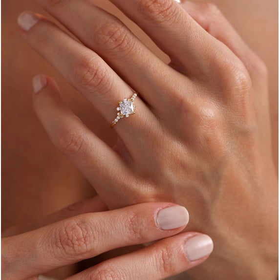 vylahjewellery 10K Vermeil Yellow Gold Wedding Anniversary Ring Princess Cut Diamond Engagement Solitaire Ring with Round Moissanite Side Stone Bridal Jewelry for Her