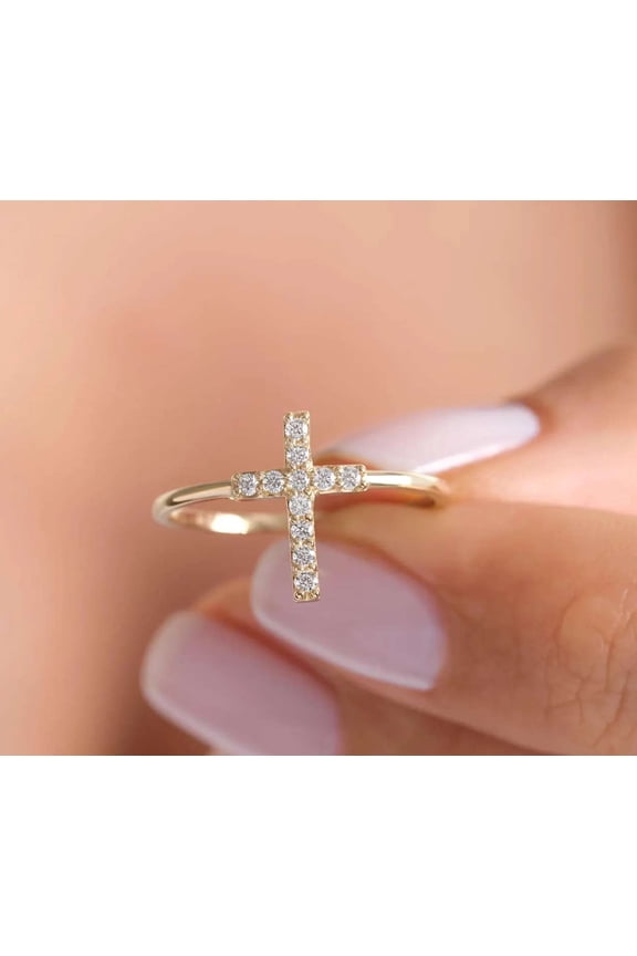 14K Rose Gold Round Cut Moissanite Diamond Criss Cross Anniversary Ring for Women Dainty Christian Faith Jewelry Promise Wedding Everyday Ring