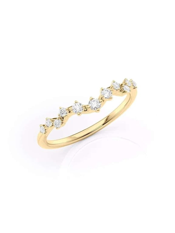 14K Vermeil Yellow Gold Diamond Chevron Ring for Women Dainty V Shape Wedding Band Round Cut Diamond Anniversary Promise Ring Moissanite Crown Ring