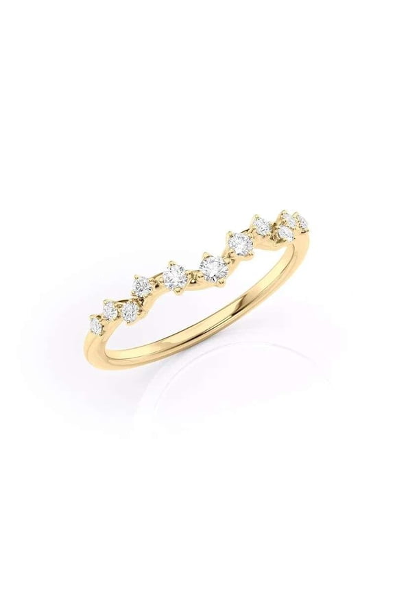 14K Vermeil Yellow Gold Diamond Chevron Ring for Women Dainty V Shape Wedding Band Round Cut Diamond Anniversary Promise Ring Moissanite Crown Ring