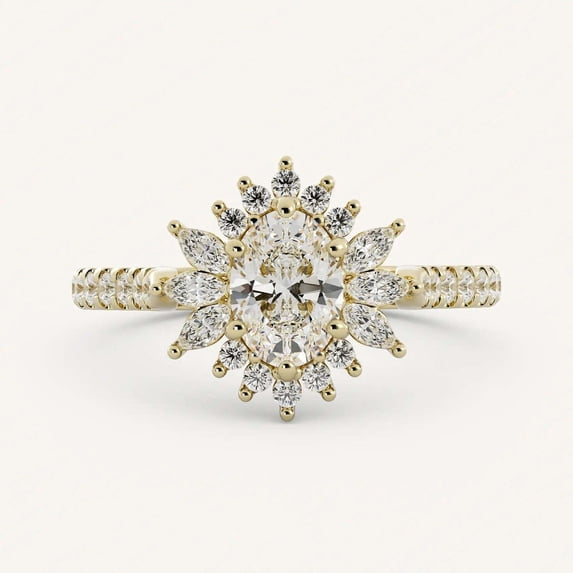 vylahjewellery 14K Vermeil Yellow Gold Valentine Day Gift Ring Six Prongs Oval Cut Diamond Engagement Bridal Ring Halo Moissanite Wedding Anniversary Rings