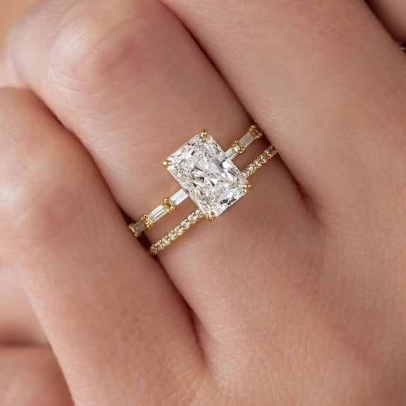 vylahjewellery 14K Vermeil Yellow Gold Valentine Day Ring Radiant Cut Engagement Ring for Women Baguette Moissanite Side Stone Wedding Bridal Set Jewelry