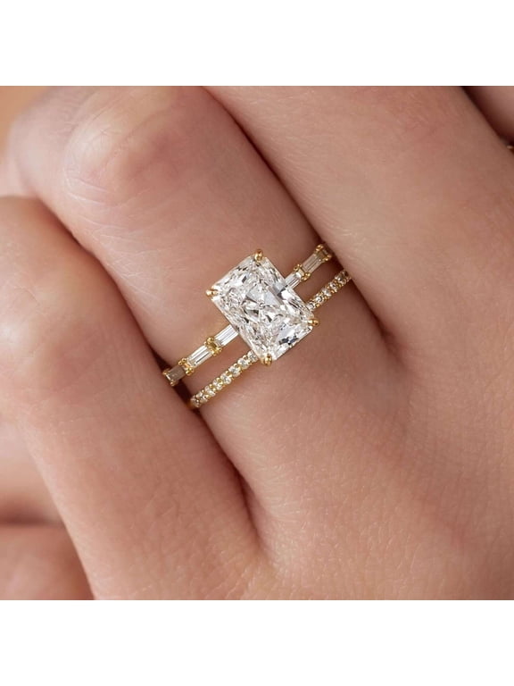 14K Vermeil Yellow Gold Valentine Day Ring Radiant Cut Engagement Ring for Women Baguette Moissanite Side Stone Wedding Bridal Set Jewelry