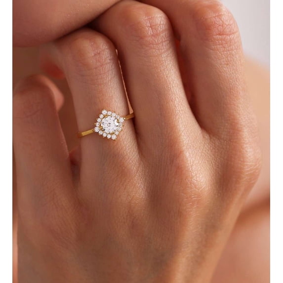 vylahjewellery 14K Vermeil Yellow Gold Valentine's Day Special Ring Brilliant Round Cut Diamond Wedding Anniversary Ring Classic Halo Comfort Fit Moissanite Engagement Gift for Women