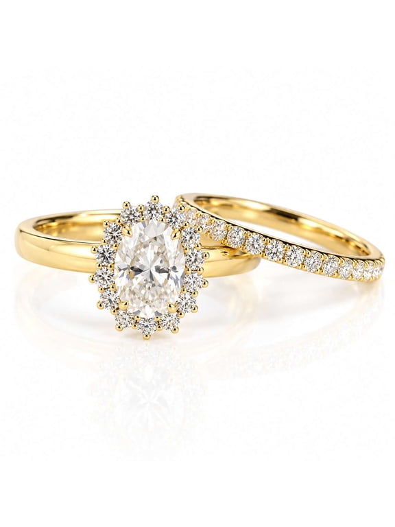 14K Vermeil Yellow Gold Wedding Bridal Ring Half Eternity Wedding Band Luxury Oval Cut Engagement Ring Set Halo Moissanite Diamond Pave Proposal Jewelry
