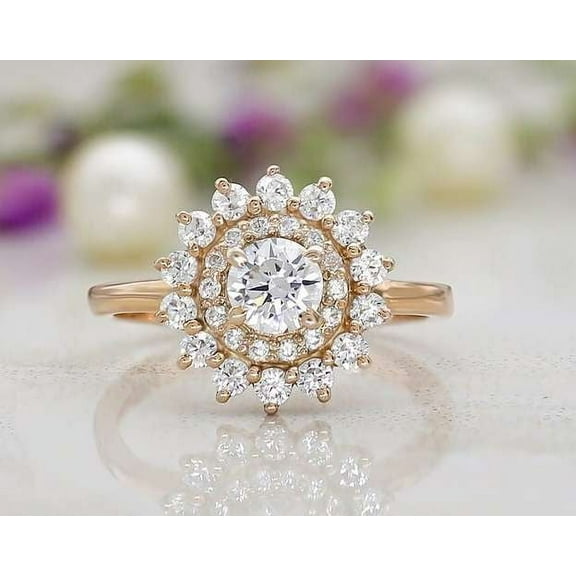 vylahjewellery 14K White Gold Ring Dainty 3CT Round Cut Moissanite Diamond Double Halo Engagement Ring