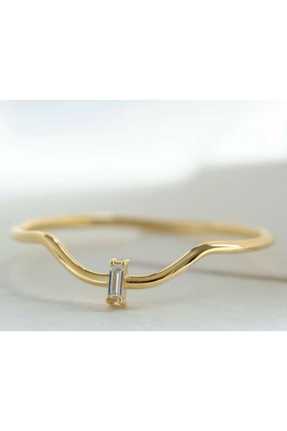 14K Yellow Gold Baguette Diamond Moissanite Ring Dainty Stacking Wedding Anniversary Rings Minimalist Anniversary Jewelry Gift Ring for Women