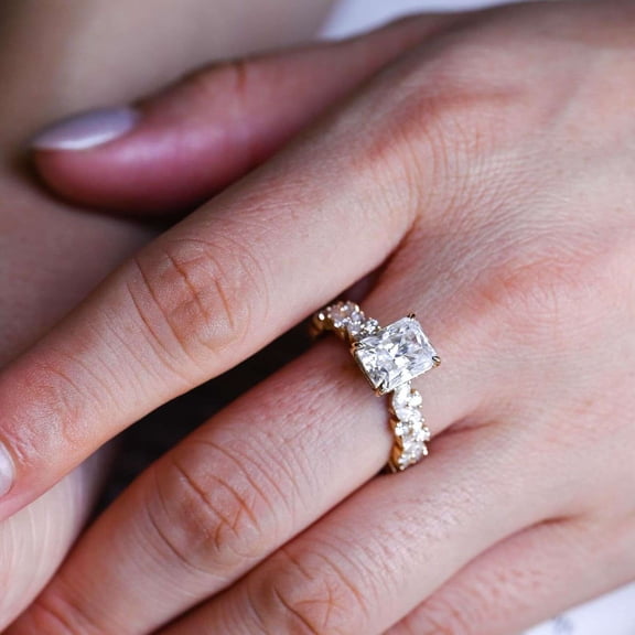 vylahjewellery 14K Yellow Gold Vermeil Bridal Ring Classic Radiant Cut Engagement Ring Hidden Halo Moissanite Diamond Elegant Wedding Ring Comfort Fit Anniversary Rings