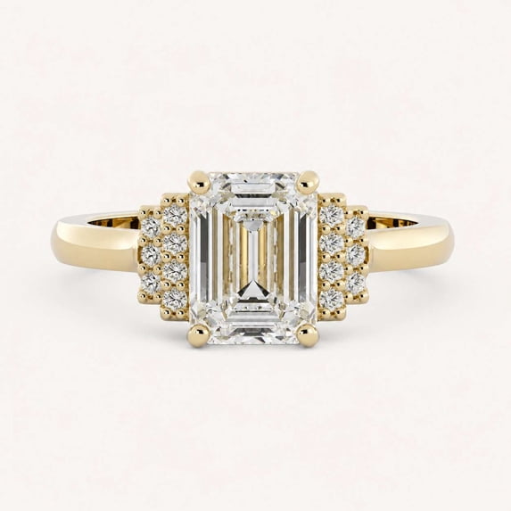 vylahjewellery 14K Yellow Gold Vermeil Emerald Cut Diamond Vintage Engagement Rings with Round Accents Wedding Emerald Proposal Ring for Women