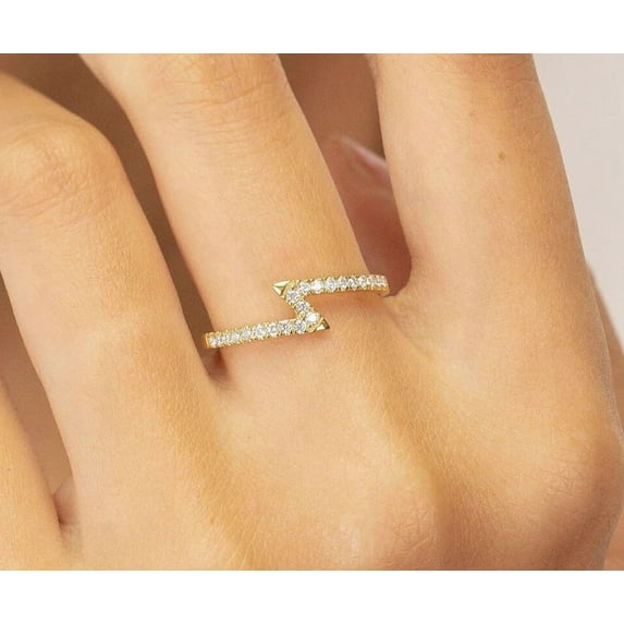 vylahjewellery 14K Yellow Gold Zig Zag Wedding Ring Dainty Stackable Jewelry for Women Round Cut Moissanite Diamond Ring Engagement Rings Modern Adjustable Band