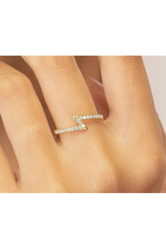 14K Yellow Gold Zig Zag Wedding Ring Dainty Stackable Jewelry for Women Round Cut Moissanite Diamond Ring Engagement Rings Modern Adjustable Band