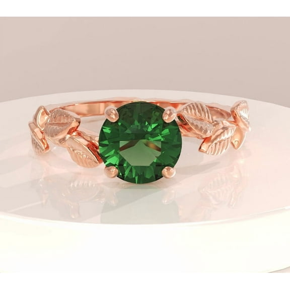 vylahjewellery 18K White Gold Wedding Band for Female Green Round Engagement Moissanite Diamond Ring Unique Gold Leaf Solitaire Ring September Birthstone Ring