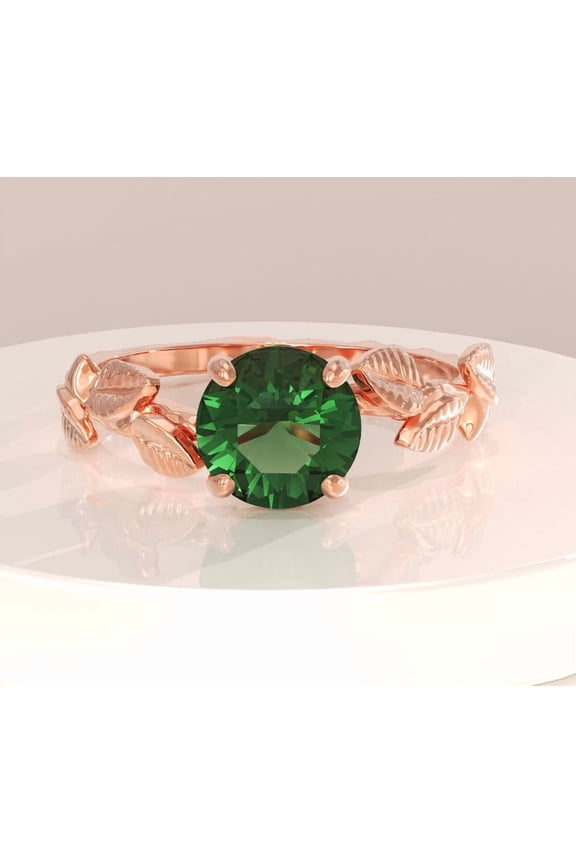 18K White Gold Wedding Band for Female Green Round Engagement Moissanite Diamond Ring Unique Gold Leaf Solitaire Ring September Birthstone Ring