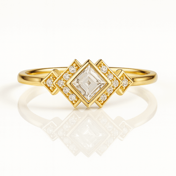 vylahjewellery 18K Yellow Gold Princess and Round Cut Moissanite Diamond Proposal Ring Bezel Set Engagement Ring for Women Classic Wedding Ring and Bands