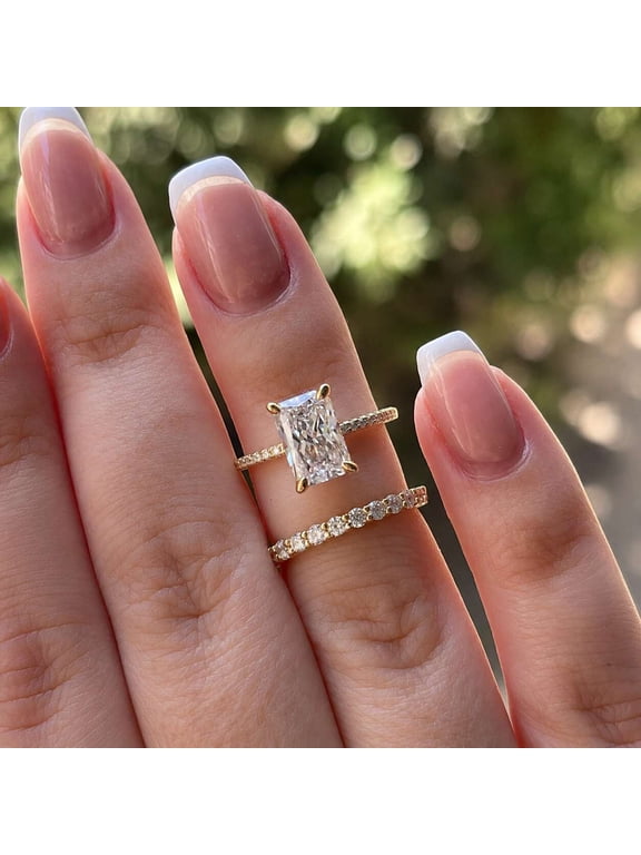 2 Piece Bridal Set, Yellow Gold Vermeil Engagement Ring and Wedding Band, Radiant Cut Diamond Ring, Moissanite Bridal Ring