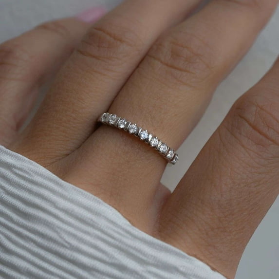 vylahjewellery 925 Sterling Silver Moissanite Half Eternity Band Ring for Women Stackable Wedding Band Anniversary Promise Minimalist Round Cut Diamond Handmade Jewelry