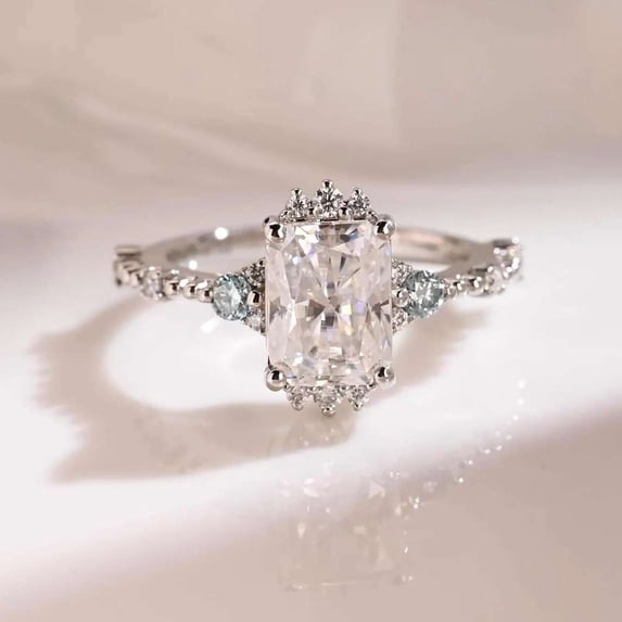 vylahjewellery 925 Sterling Silver Radiant Cut with Side Stones Moissanite Engagement Ring, Pave Proposal Ring Wedding Ring Anniversary Gift for Wife