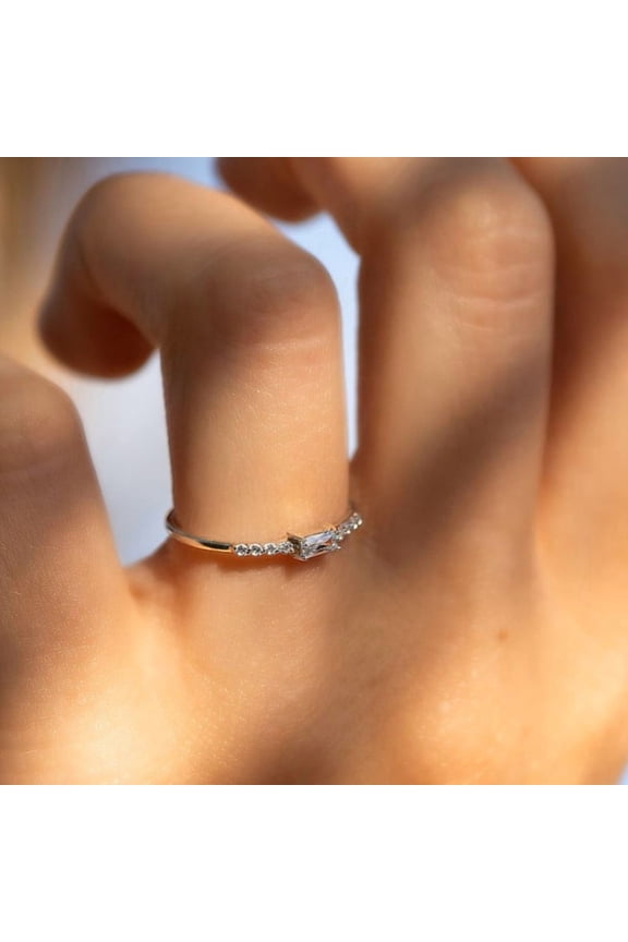 Baguette Cut Moissanite Diamond Ring White Gold Plated Delicate Stacking Band Women's Engagement Rings Classic Engagement Ring and Band