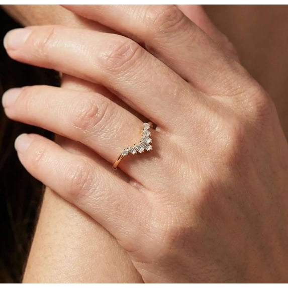 vylahjewellery Baguette Diamond V Shape Engagement Anniversary Rings 10K Vermeil Yellow Gold Dainty Proposal Ring Moissanite Mother's Day Gift for Women