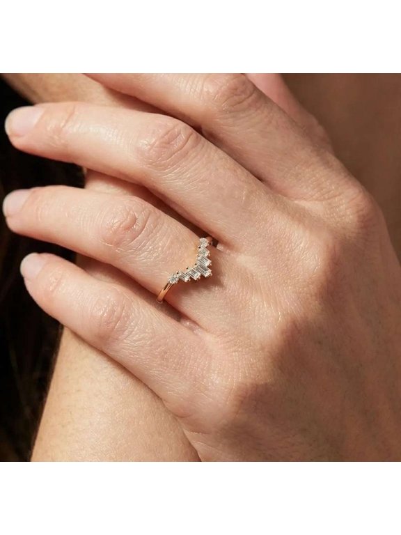 Baguette Diamond V Shape Engagement Anniversary Rings 10K Vermeil Yellow Gold Dainty Proposal Ring Moissanite Mother's Day Gift for Women
