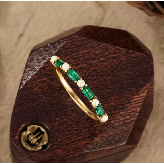 vylahjewellery Baguette Green Gemstone Engagement Ring Unique Pearl Anniversary Promise Ring for Women 10K Vermeil Yellow Gold Wedding Handmade Jewelry