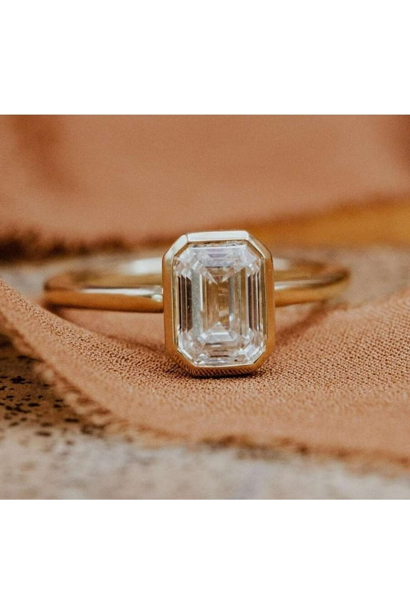 Bezel 1.5 Ct Emerald Cut Moissanite - Decorative Engagement Ring - Plated Yellow Gold Ring - Vintage Diamond Ring