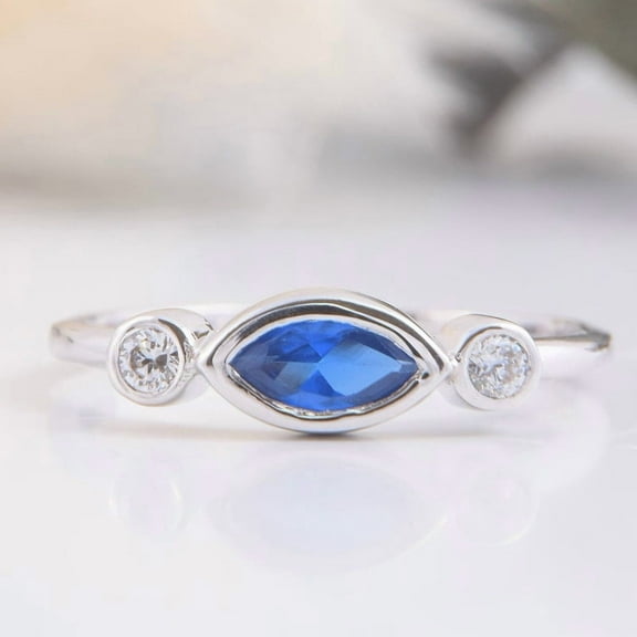 vylahjewellery Blue Marquise Diamond Engagement Rings with Round Side Stones White Gold Plated Band Promise Rings for Women