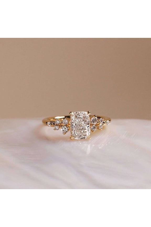Brilliant Cushion Cut Moissanite Anniversary Ring 14K Vermeil Yellow Gold with Round Diamond Accents Promise Wedding Bridal Statement Ring for Women's