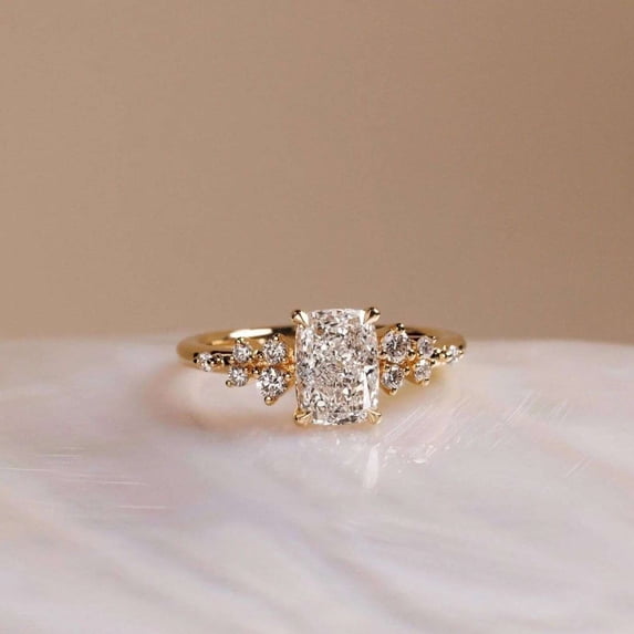 vylahjewellery Brilliant Cushion Cut Moissanite Anniversary Ring 14K Vermeil Yellow Gold with Round Diamond Accents Promise Wedding Bridal Statement Ring for Women's