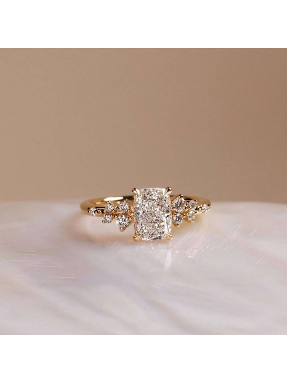 Brilliant Cushion Cut Moissanite Anniversary Ring 14K Vermeil Yellow Gold with Round Diamond Accents Promise Wedding Bridal Statement Ring for Women's