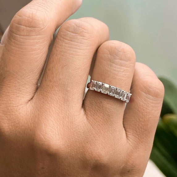 vylahjewellery Brilliant Emerald Cut Diamond Half Eternity Ring for Women 14K Vermeil Yellow Gold Moissanite Wedding Band Stackable Promise Ring