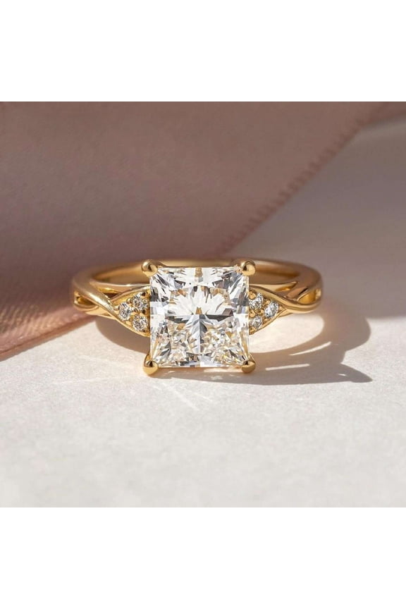 Brilliant Princess Diamond Wedding Anniversary Ring with Round Moissanite Twist Shank Engagement Ring 10K Vermeil Yellow Gold Handmade Birthday Ring for Women