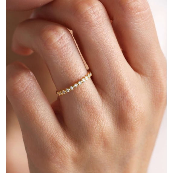 vylahjewellery Brilliant Round Diamond Engagement Anniversary Ring Bezel Moissanite Full Eternity Wedding Gift Ring for Women 14K Vermeil Yellow Gold Mother's Day Rings