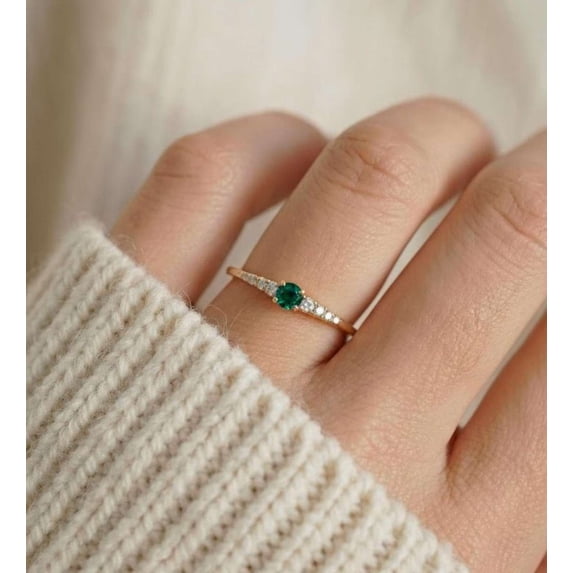 vylahjewellery Brilliant Round Green Gemstone Engagement Ring 10K Vermeil Yellow Gold Birthday Gift for Her Dainty Moissanite Wedding Anniversary Ring