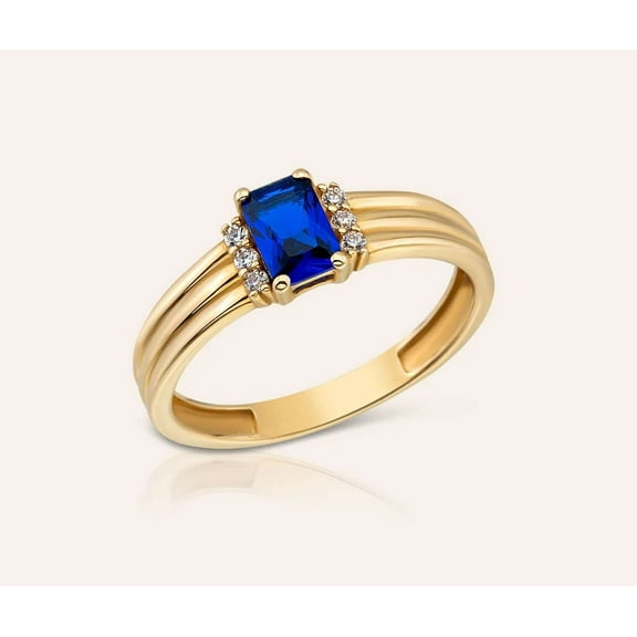 vylahjewellery Classic 14K Yellow Gold Handmade Gold Band Ring Blue 1.50 CT Emerald Cut Engagement Ring Gift for Her