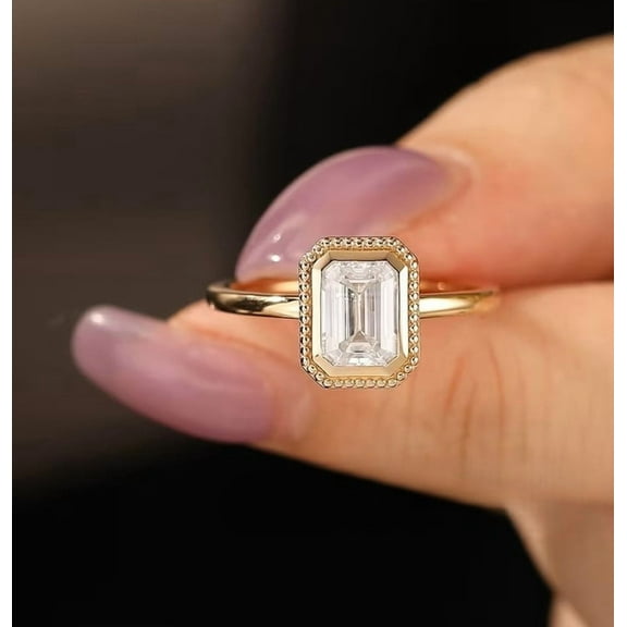 vylahjewellery Classic Gold Plated Emerald Cut Halo Engagement Ring Women’s Engagement, Wedding, Promise Jewelry with Moissanite Diamond Rings