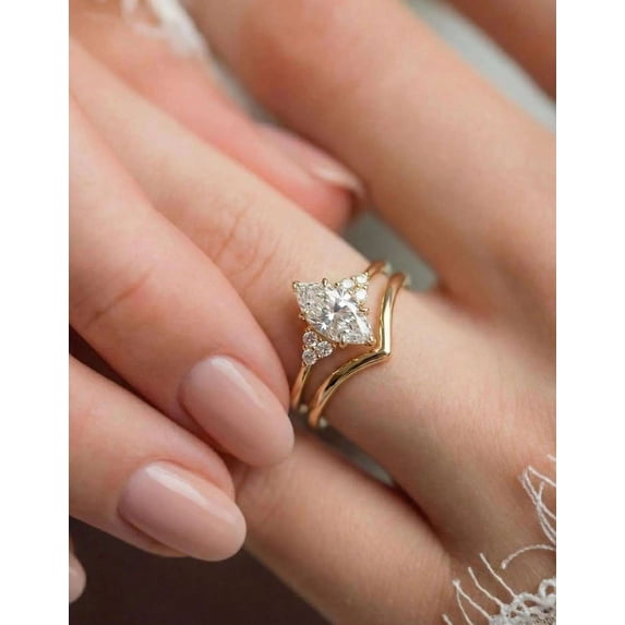 vylahjewellery Classic Marquise Cut Diamond Engagement Ring Set 10K Vermeil Yellow Gold V Shaped Wedding Bridal Band Vintage Moissanite Birthday Day Gift Ring
