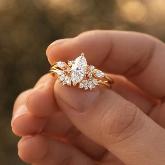 vylahjewellery Classic Marquise Cut Moissanite Diamond Engagement Ring for Women 925 Sterling Silver Leaf Cluster Wedding Promise Anniversary Jewelry Gift Ring