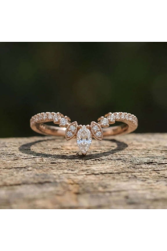 Classic Marquise Cut Moissanite Engagement Ring with Round Cut Diamond Accent Promise Ring for Women 14K Vermeil Rose Gold Stackable Anniversary Wedding Jewelry Gift