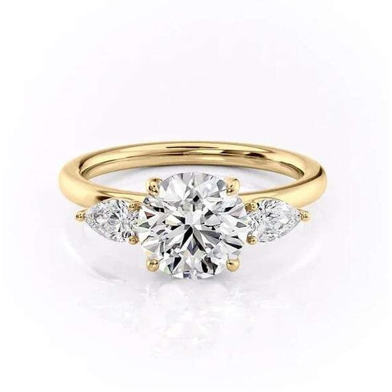 vylahjewellery Classic Round Cut Solitaire Moissanite Engagement Ring 14K Vermeil Yellow Gold with Pear Side Stone Promise Anniversary Bridal Jewelry Wedding Rings for Her