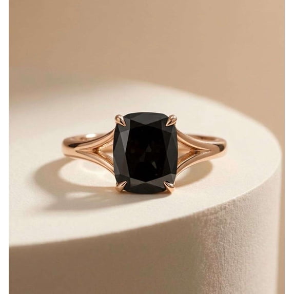 vylahjewellery Cushion Cut Black Moissanite Diamond Solitaire Ring for Her 14K Vermeil Yellow Gold Engagement Promise Anniversary Jewelry Gift Unique Wedding Rings