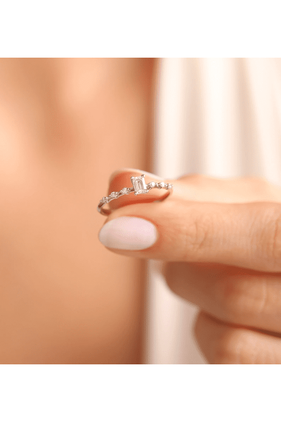 Customize 1.50 Ct Emerald Cut Moissanite Diamond Ring Comfort Fit Plated White Gold Engagement Gift Ring