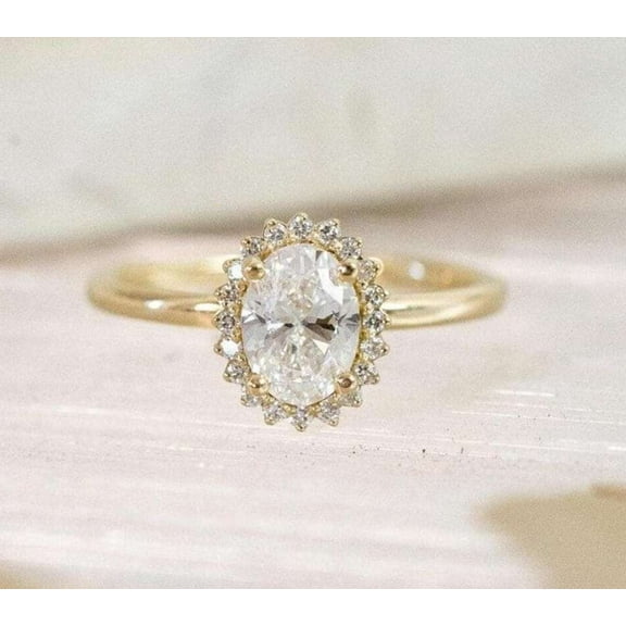 vylahjewellery Customize Oval Cut Halo 2 Ct Diamond Ring for Her Plated White Gold Moissanite Engagement Gift Ring
