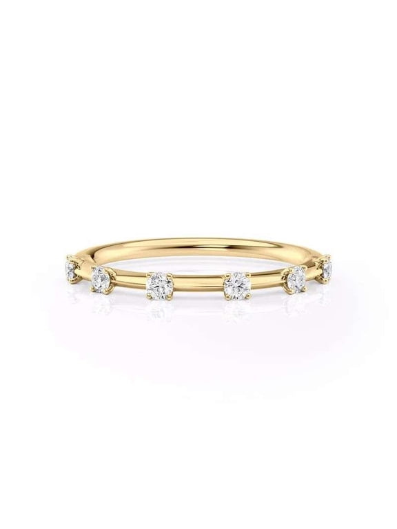 Dainty Diamond Ring for Women, Elegant Thin Stackable Band Anniversary Jewelry 14K Vermeil Yellow Gold Round Moissanite Wedding Band for Women