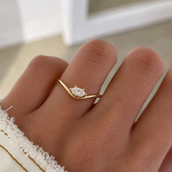 vylahjewellery Dainty Marquise Cut Moissanite Diamond Solitaire Ring 10K Vermeil Yellow Gold Minimalist Engagement Ring for Her Chevron Wedding Ring