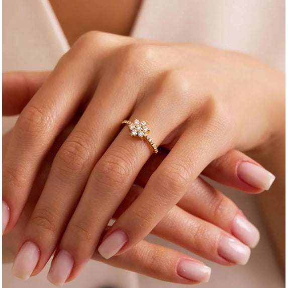 vylahjewellery Dainty Moissanite Engagement Anniversary Ring for Women 18K Vermeil Yellow Gold Valentine's Proposal Ring Brilliant Round Cut Pave Wedding Ring