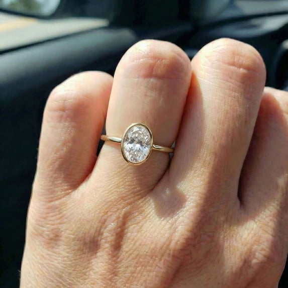 vylahjewellery Dainty Moissanite Proposal Ring Oval Cut Solitaire Engagement Anniversary Ring Bezel 14K Vermeil Yellow Gold Birthday Gift for Women