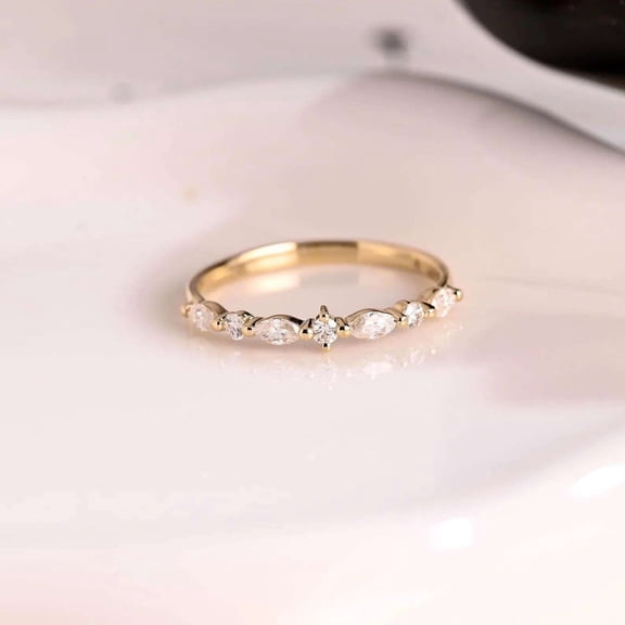 vylahjewellery Dainty Round & Marquise Cut Moissanite Wedding Band Half Eternity Ring 14K Vermeil Yellow Gold Birthday Gift Anniversary Gift for Wife