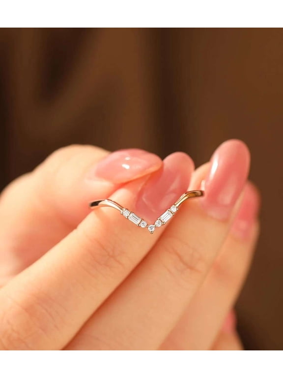 Dainty Round Moissanite V Shape Engagement Ring Baguette Diamond Mother's Day Ring 10K Vermeil Rose Gold Chevron Wedding Band for Her